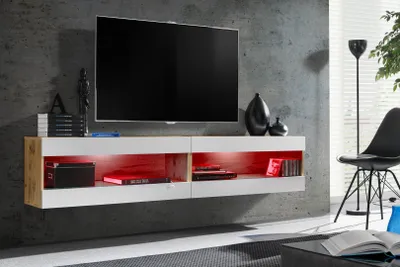 Obrázek produktu pro Nástěnná skříňka, Tivoli SET4, Wotan/bílá, šířka 200 cm x výška 41 cm x hloubka 35 cm, LED RGB, do obývacího pokoje, ložnice