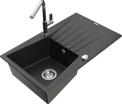 Produktbild von Mexen Cesar 1 Becken-Granitspüle mit Abtropffläche und Mischbatterie Flora, Schwarz/Gold metallisch - 6514-75-670401-00
