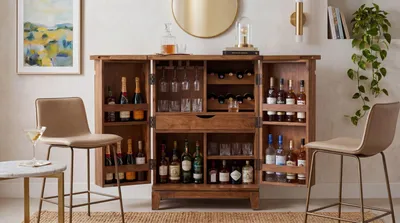 Image de WOHNLING Meuble bar en bois massif de sheesham, 65 cm, meuble bar à abattants, cave à vin avec porte-verres, meuble bar pour salon, en bois, style vintage, fait main