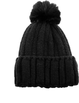 Produktbild von Strickmütze mit Innenfutter für kalte Winter- Herbsttage Bommelmütze Wintermütze Schwarz