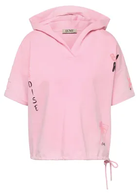 Produktbild von Rosa T-Shirt Größe 34, lässig, mit Kapuze V-Ausschnitt, großem Rückenprint und Frontmotiv