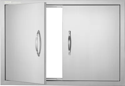A stainless steel double door cabinet, with one door slightly ajar.