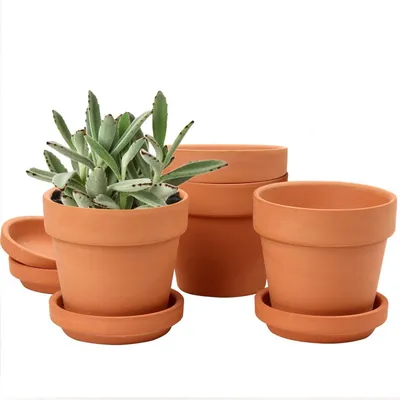 Zdjęcie produktu dla Zestaw 4 małych doniczek z terakoty, 13x13 cm, z podstawkami i otworami drenażowymi
