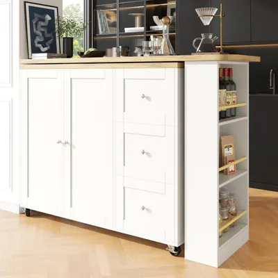 Zdjęcie produktu dla Biały stół barowy obrotowy o 360° (135-203×39×106 cm) z kółkami, 3 szufladami i uchwytem na przekąski.
