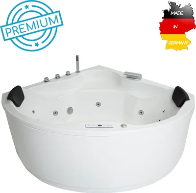 Produktbild von Basera PREMIUM Indoor Eck-Whirlpool Badewanne Nendo 149 x 149 cm mit 21 Massagedüsen, Heizung, Ozongenerator, Bodenansaugung, Wasserfall, LED-Ambiente, Touchpanel, Bluetooth, Radio