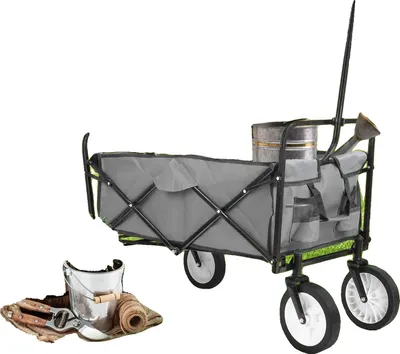 Zdjęcie produktu dla Wózek ogrodowy, nośność 80 kg, pojemność 98 litrów, wymiary 90 x 52,5 x 119 cm, stalowa rama, składana konstrukcja