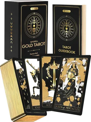 Productafbeelding van Wyspell Klassieke tarotkaarten met gids - 78 gouden kaarten voor beginners - Zwarte tarotdekken