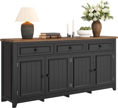 Produktbild von Anrichte Sideboard - 160x35x76 cm, Schwarz mit Holzdekor - 3 Schubladen und 4 Türen - Verstellbare Einlegeböden