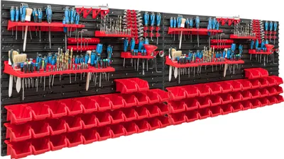 Immagine prodotto di Sistema di stoccaggio Scaffale da officina | 230 x 78 cm | 70 pezzi. Scatola | Scaffale a muro con supporti per utensili e contenitori impilabili - Pannelli a muro Scaffale extra forte Scaffale forato per utensili Scaffale da magazzino Scaffale da garage