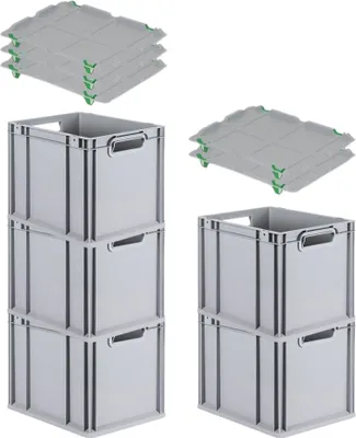 Produktbild von SparSet 5x Eurobox NextGen Economy mit Auflagedeckel und 4x Schiebeschnappverschlüsse Grün | Griffe offen | HxBxT 32x30x40cm | 30 Liter | Eurobehälter, Transportbox, Transportbehälter, Stapelbehälter