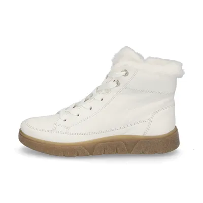 A white women's boot with a brown sole and white fur lining, shown from the side against a white background.
