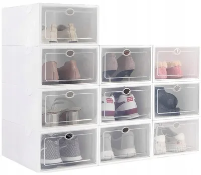 A grid of white shoe boxes with clear plastic fronts, each containing a pair of shoes.