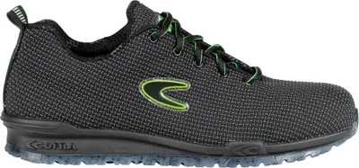 A single black and green work shoe shown from the side.