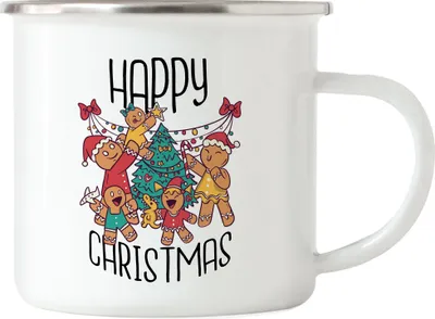 Produktbild von Happy Christmas Emaille-Tasse Weihnachten Familienzeit Weihnachtsbaum Geschenke Geschenkidee Happy Family