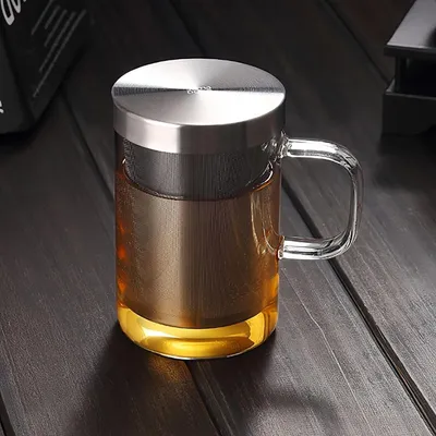 Produktbild von Teetasse mit Deckel aus hitzebeständigem Glas, Teesieb aus Edelstahl und Teetrennung, 350 ml