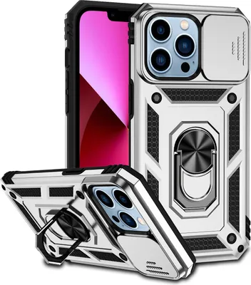 Produktbild von iPhone 12 Pro Hülle mit Schiebe Kamera Schutz und Ringhalter Ständer Robust Rüstung Schutzhülle für iPhone 12 Pro Silber