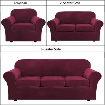 Produktbild von 1/2/3/Sitzer Sofa Überzug Samt Schonbezug Plüsch Sofabezug Stretch Couchbezug mit Separaten Kissenbezügen,Bordeaux