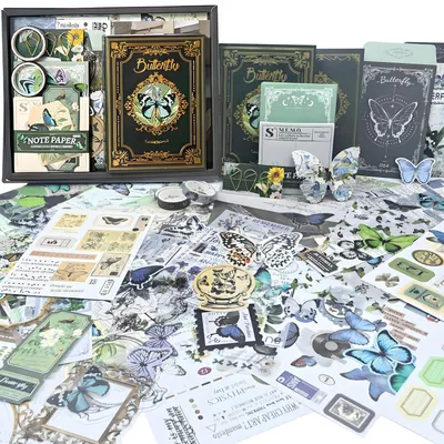 Produktbild von Scrapbooking Set 394 Teile DIY Journal Zubehör Notizbuch Vintage Sticker Bastelset Teenager Grün Schmetterling