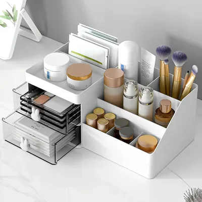 Produktbild von Make Up Organizer Kosmetik Aufbewahrungsbox Schminktisch Kosmetik Organizer mit Schublade, Make-up Schminkbox mit Schubladen für Dresser, Schlafzimmer