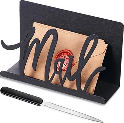 Produktbild von Mail Halter Ausschnitt Metall Brief Halter Arbeitsplatte Organizer Mail Schriftzug Ständer mit Brieföffner   (Schwarze Künstlerische Schriftart)