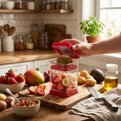 Produktbild von Obstschneider mit Edelstahlklingen, Tasse für Obst, Gemüse, Eier und Erdbeeren