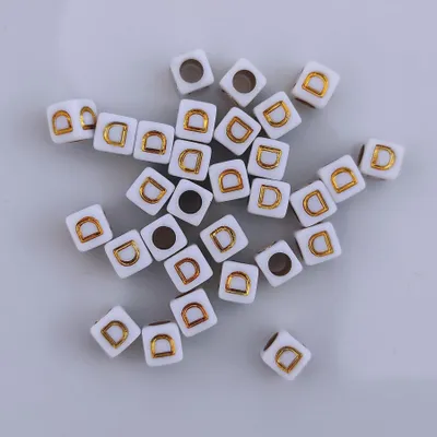 Image de Perles pour lettres, 30 pièces, 6x6 mm, blanc avec or, carré, lettre D