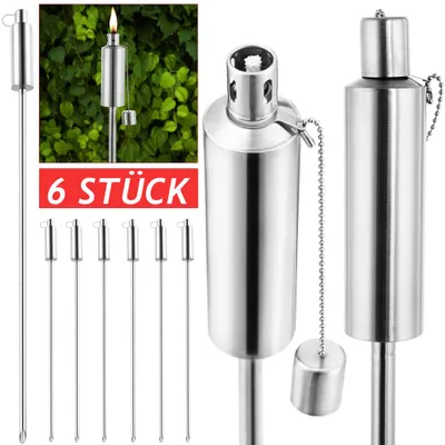Produktbild von GARDEBRUK Gartenfackeln für Draußen Öl 6er Set 330ml Edelstahl Metall Wetterfest 115cm Groß Outdoor Ölfackeln Docht Nachfüllbar Feuer Fackeln Boden
