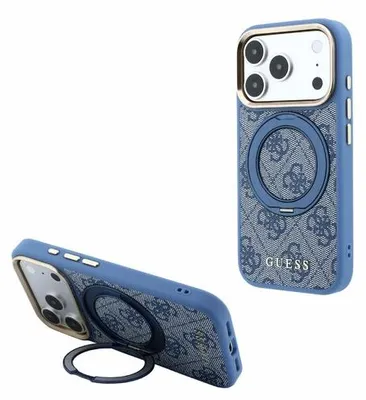 Immagine prodotto di Custodia posteriore Guess inPoliuretanocon anello di supporto e compatibile con MagSafe, per iPhone 17 Pro Max/18 Pro Max, colore blu