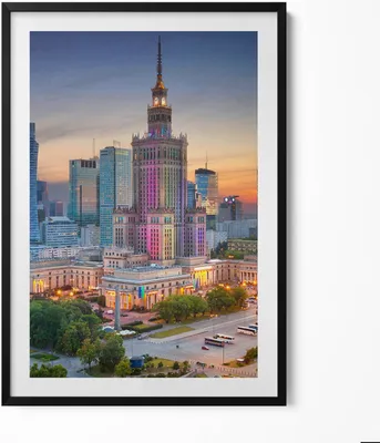 Produktbild von Warschau Sonnenuntergangspanorama– Wandbild mit Rahmen – Gerahmtes Bild  – Wanddekoration – 70x100 cm –  Schwarz Rahmen