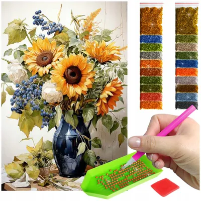 Zdjęcie produktu dla Haft diamentowy ARTULIO - Słoneczniki w niebieskim wazonie - 60 x 40 cm - Diamond painting, Kompletny zestaw: mozaika + akcesoria