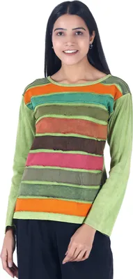 Produktbild von Besticktes Patchwork Langarmshirt, Farbenfrohes Stonewash Shirt - Modell 5/grün, Damen, Mehrfarbig, Baumwolle, Größe: S