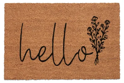 Zdjęcie produktu dla Wycieraczka Relaxdays z włókna kokosowego, napis „Hello”, 60 x 40 cm, motyw kwiatowy, do użytku wewnątrz i na zewnątrz, antypoślizgowa wycieraczka, kolor naturalny/czarny
