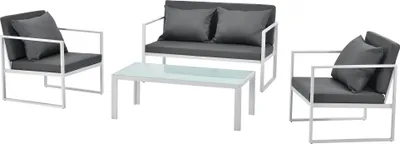 A set of outdoor furniture including a sofa, two chairs, and a coffee table, arranged on a white background.