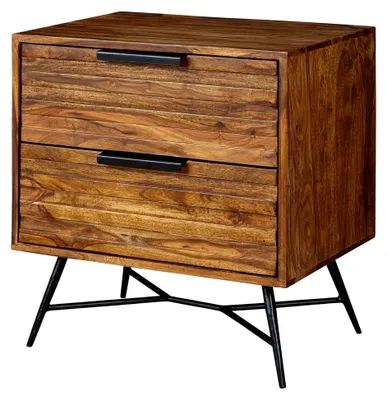 Produktbild von Nachtkonsole aus Sheesham Massivholz mit 2 Schubladen – Nachttisch im Industrial Design mit Metallbeinen, Boxspring Nachtkästchen für das Schlafzimmer 60x60x40 cm
