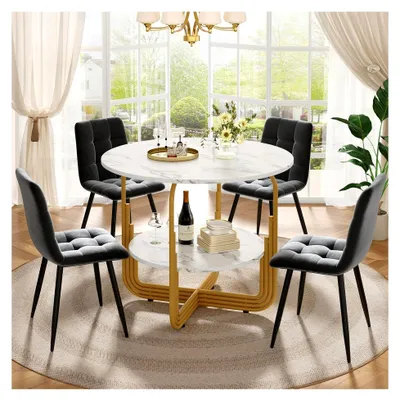 Produktbild von 5-teiliges Esstisch-Set, 80x76cm, Küchentisch mit 4 Stühlen, runder Tisch, modernes Design, Holzmöbel, Esszimmergruppe mit grauen Samt-Stühlen (Grau + Gold, 80x76x69.8cm)