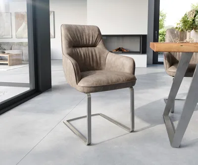 Produktbild von DELIFE Freischwinger Zelia-Flex mit Armlehnen Mikrofaser Taupe Vintage Freischwinger flach Edelstahl Taschenfederkern
