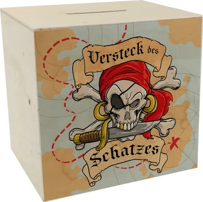 Produktbild von Spardose aus Holz für Kinder mit Schatzkarte und Totenkopf - Versteck des