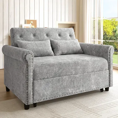 Produktbild von Merax 3-in-1 Schlafsofa mit Bettfunktion, 2-Sitzer Klappsofa aus Chenille, ausziehbares Gästebett mit verstellbarer Rückenlehne, Hellgrau