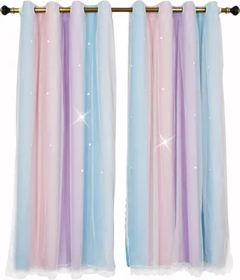 A pair of pastel-colored curtains with small white stars hanging on a curtain rod.