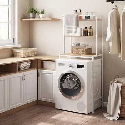 Produktbild von Waschmaschinenregal, WC Regal über Waschmaschine Toilette, Waschmaschinenschrank Überbauschrank, Toilettenschrank, 3 Ablagen, Handtuchhalter, Metall Holzwerkstoff, 67x162x40 cm, Weiß