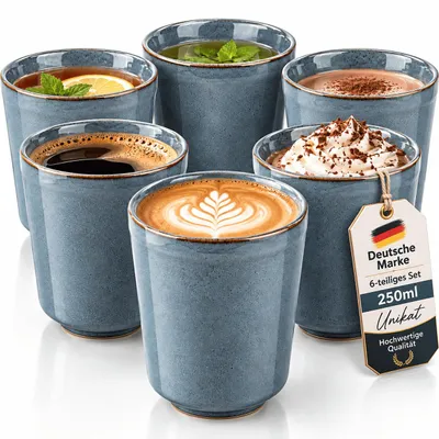 Produktbild von 6 Kaffeebecher Steingut Becher Set Kaffeetasse Kaffee Tee Becher Blau 250ml