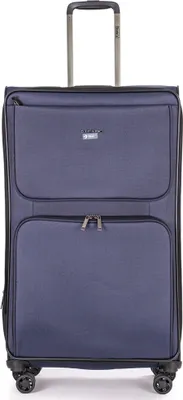 A studio shot of a navy blue suitcase.