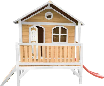 Produktbild von AXI Spielhaus Stef mit roter Rutsche | Stelzenhaus in Braun & Weiß aus  Holz für Kinder | Spielturm für den Garten
