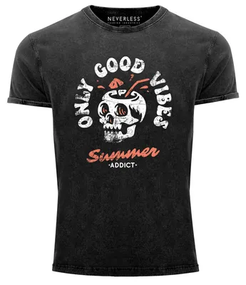 Produktbild von Herren Vintage Shirt Totenkopf Schrift Only Good Vibes Skull Summer Sommer Printshirt Aufdruck Used Look Neverless® schwarz XXL
