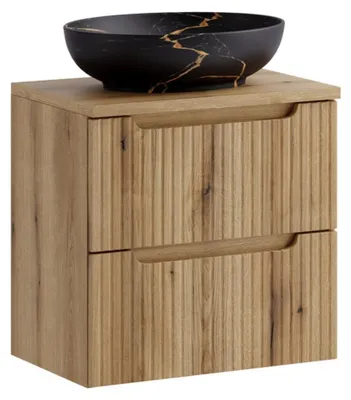 Immagine prodotto di Set da bagno VANO in rovere chiaro 60cm: mobile sottolavabo con cassetti + piano per lavabo + lavabo da appoggio nero marmorizzato