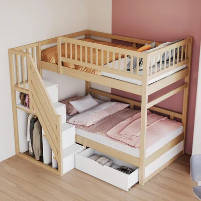 Obrázek produktu pro Patrová postel Merax 90x200 cm se schody, dětská postel pro 2 děti s úložným prostorem, zásuvkami a vysokým zábradlím, chlapecká postel z masivu, příroda