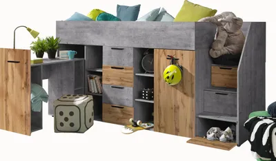 Produktbild von Etagenbett für Kinder KONKRET 3 Stockbett mit Treppe, Kleiderschrank und Schreibtisch (Beton + Wotan Eiche, Seite: Rechts)