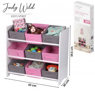 Produktbild von Judy Wild Kinder Holzregal 63 x 30 x H59,5 cm Kinderregal mit 9 Boxen rose-pink/grau 400115