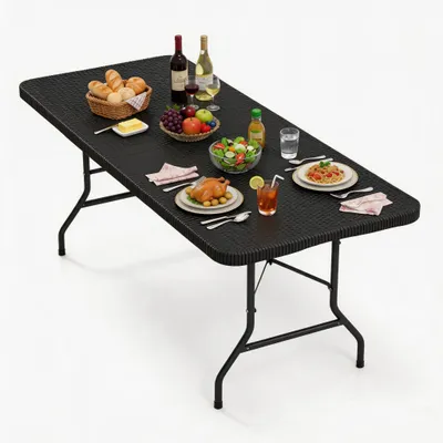 Produktbild von COSTWAY Campingtisch klappbar 180x74cm, Gartentisch für 6-8 Personen, Buffettisch Klapptisch mit Polyrattan Tischplatte&Tragegriff, Partytisch Schwarz