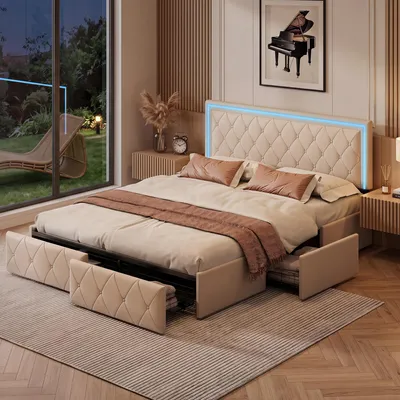 Obrázek produktu pro Postel Moonbite s úložným prostorem, 140x200 cm – béžová umělá kůže s LED osvětlením, 4 zásuvky a rošt pro dospělé, umělá kůže, béžová